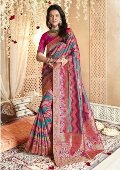 Pink And Blue Soft Silk Designer Saree